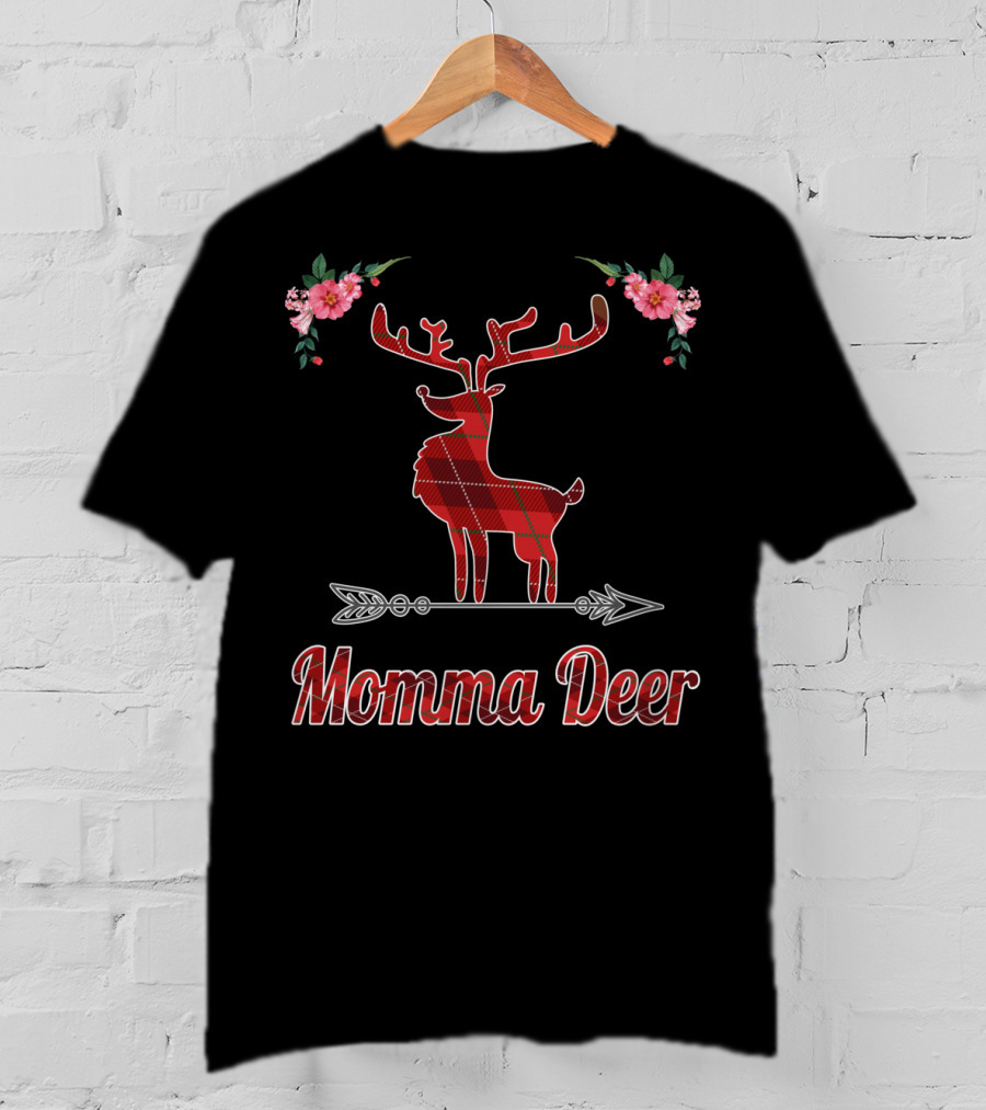 Red Plaid Momma Deer Buffalo Reindeer Floral T-Shirt