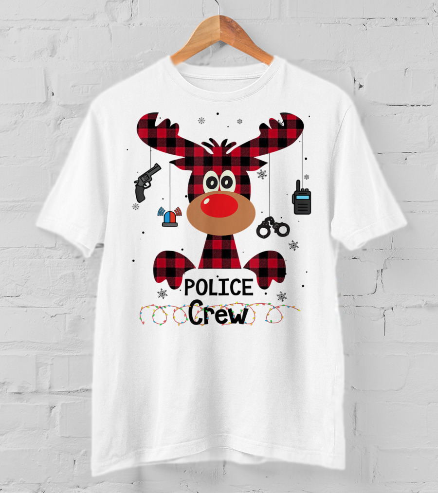 Red Plaid Reindeer Face Police Crew With Holiday Lights And Law Enforcement Icons T-Shirt
