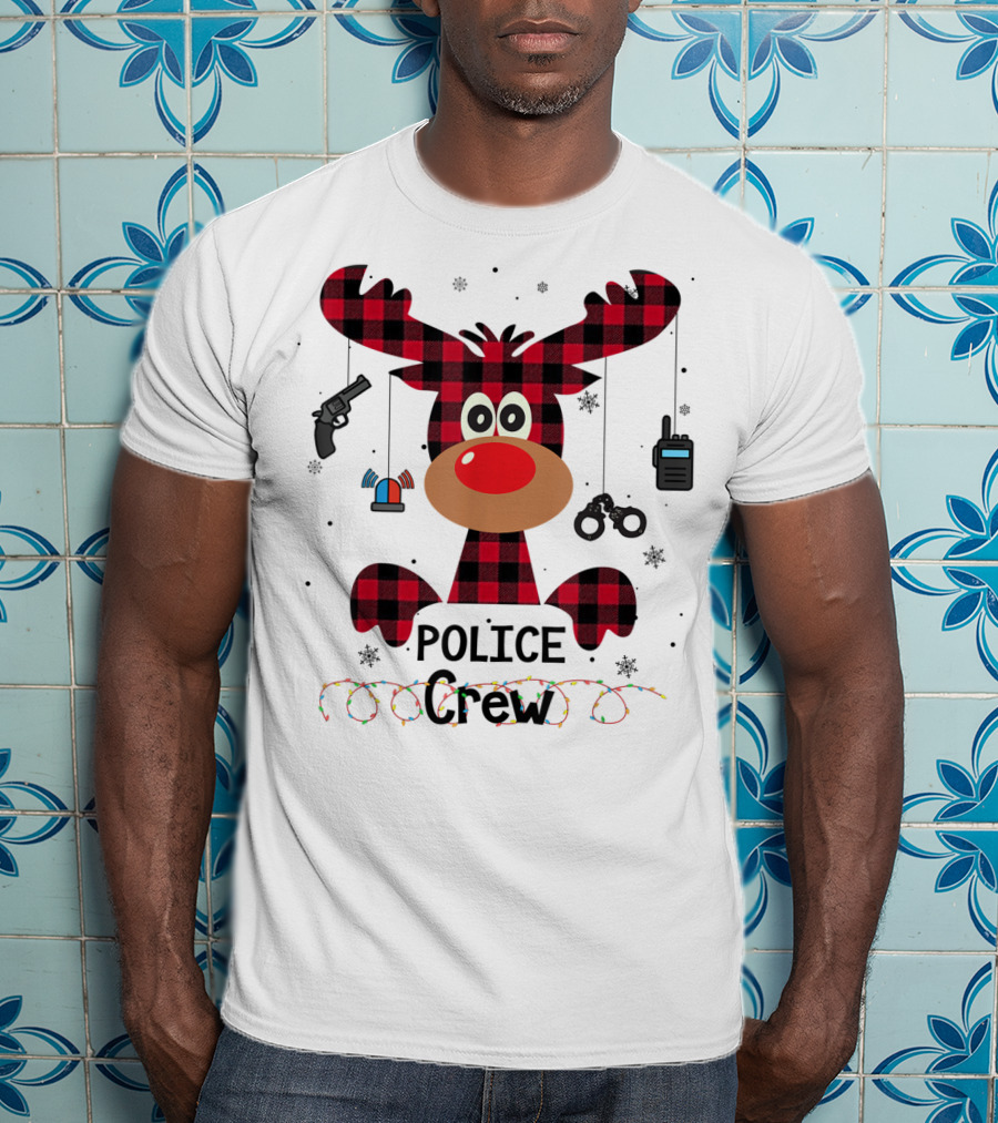 Red Plaid Reindeer Face Police Crew With Holiday Lights And Law Enforcement Icons T-Shirt