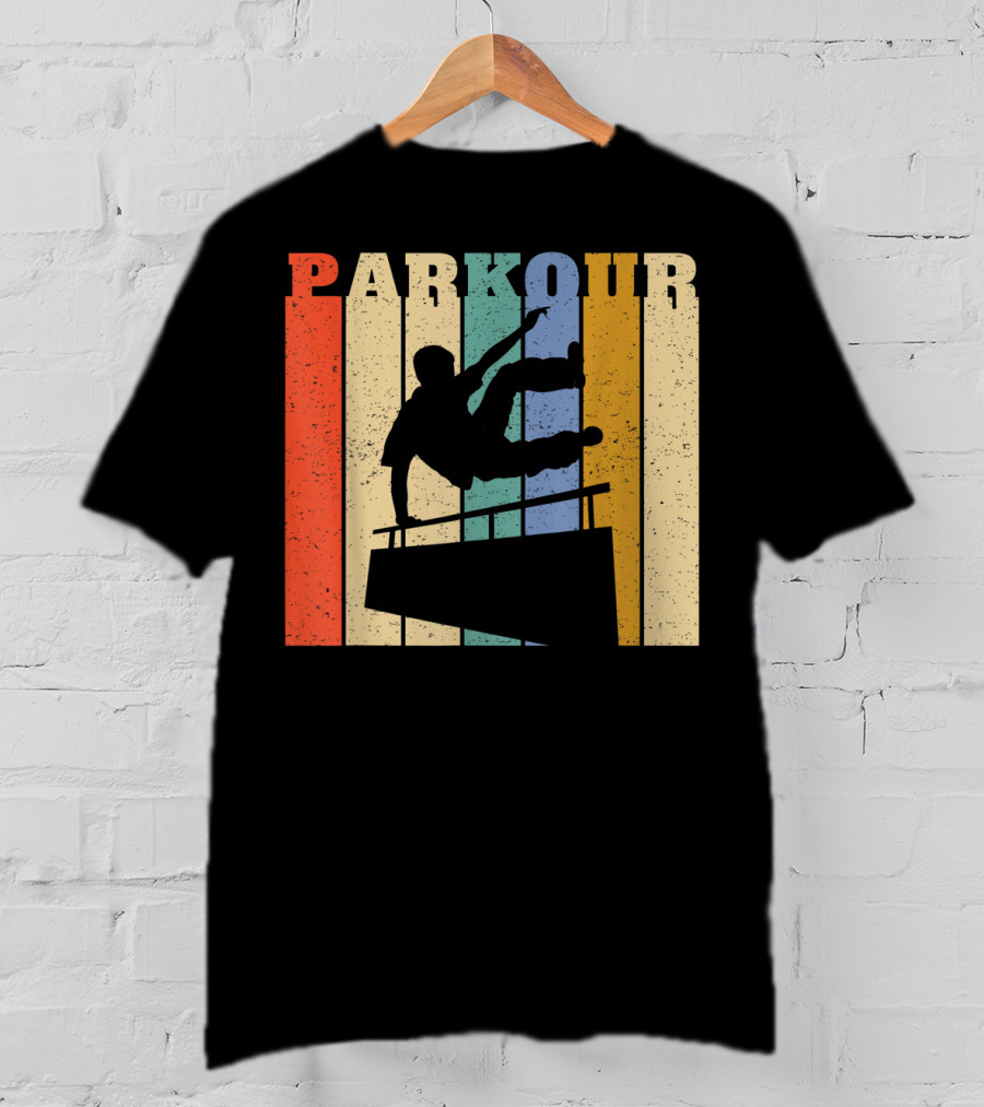 Retro Parkour Silhouette Against Striped Vintage Backdrop T-Shirt