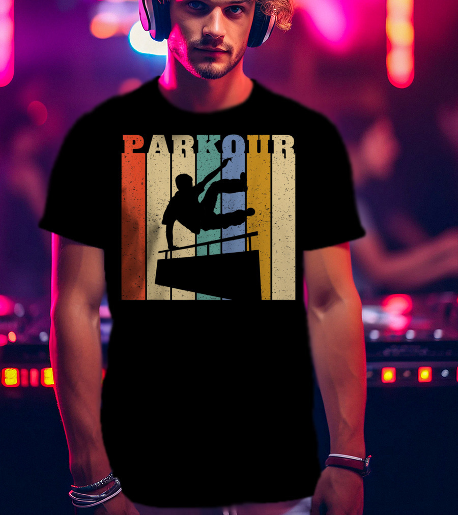 Retro Parkour Silhouette Against Striped Vintage Backdrop T-Shirt