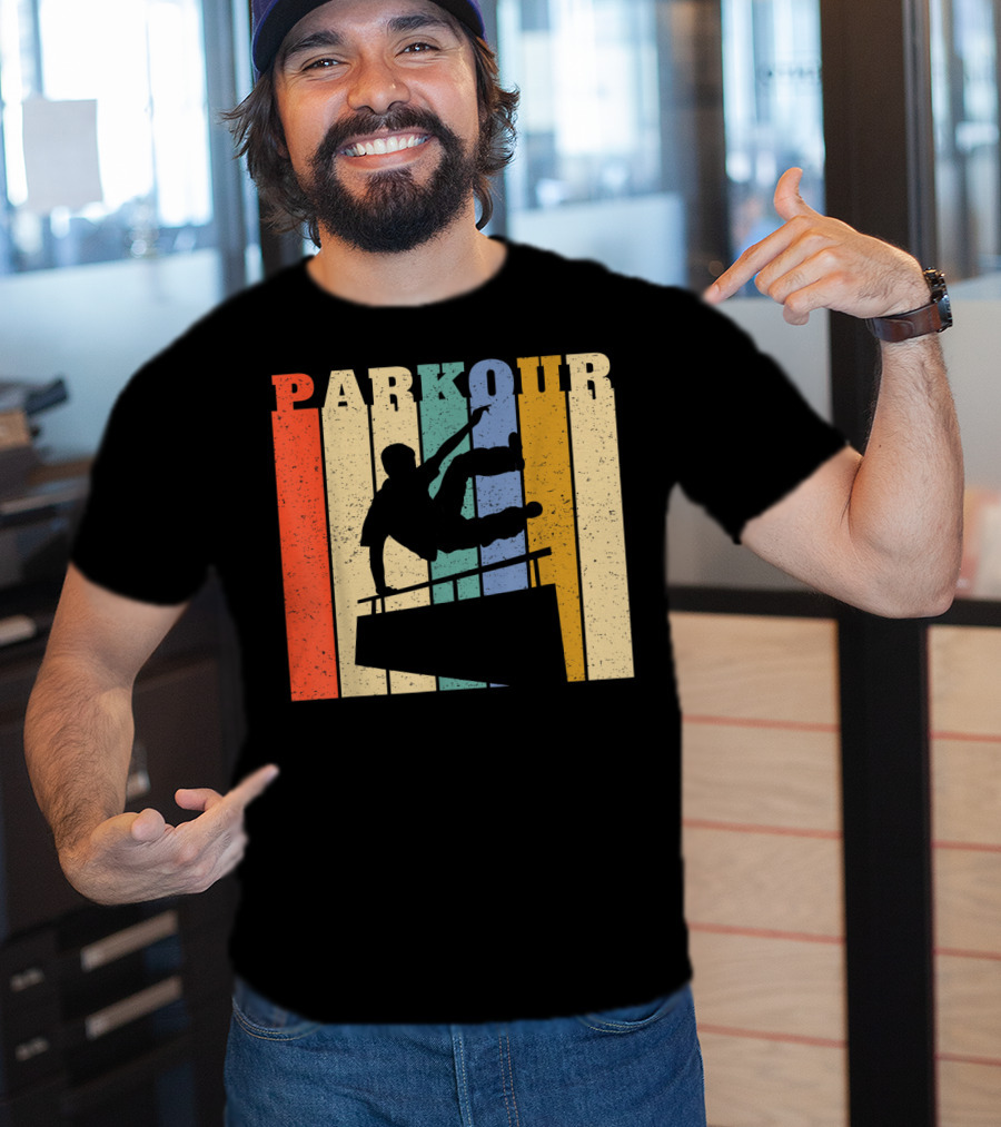 Retro Parkour Silhouette Against Striped Vintage Backdrop T-Shirt