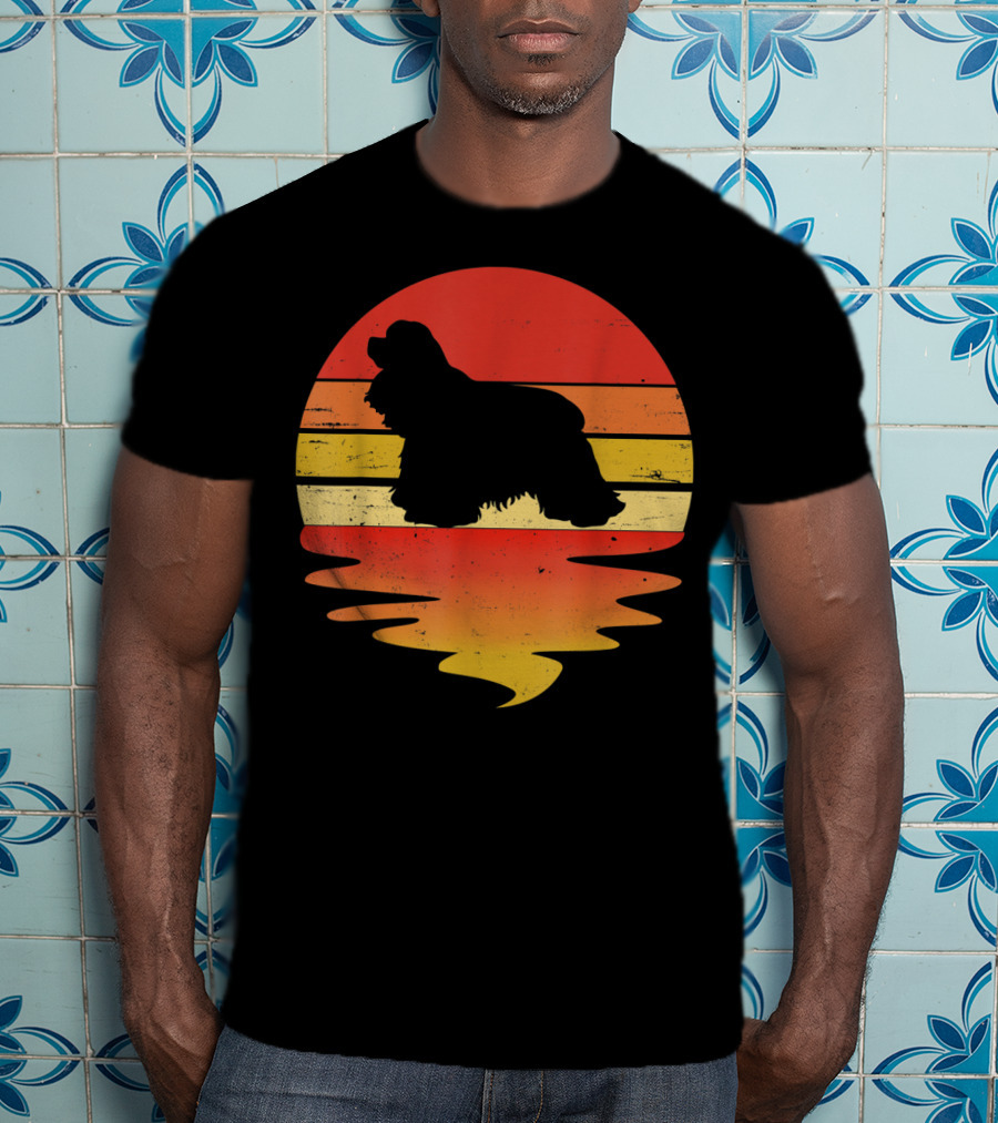 Retro Sunset Cocker Spaniel Silhouette Vintage 70s Style Dog Scene T-Shirt