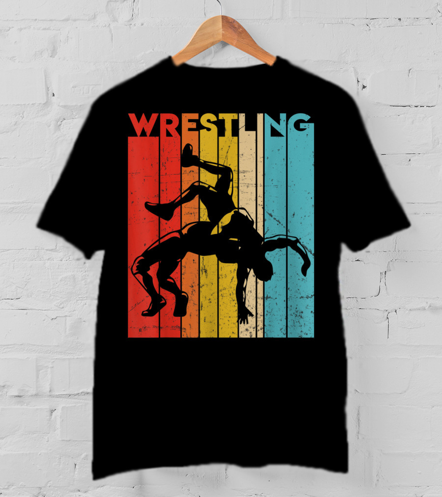 Wrestling Retro Vintage Silhouette Players On Colorful Stripes T-Shirt