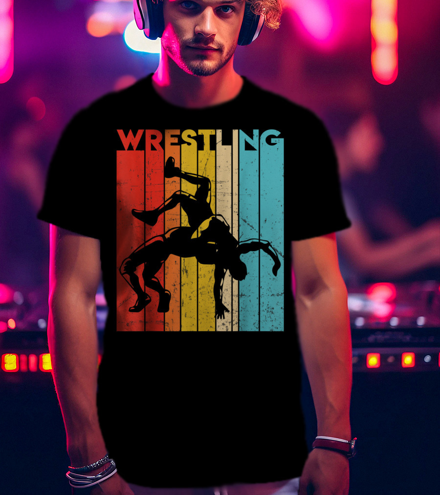 Wrestling Retro Vintage Silhouette Players On Colorful Stripes T-Shirt