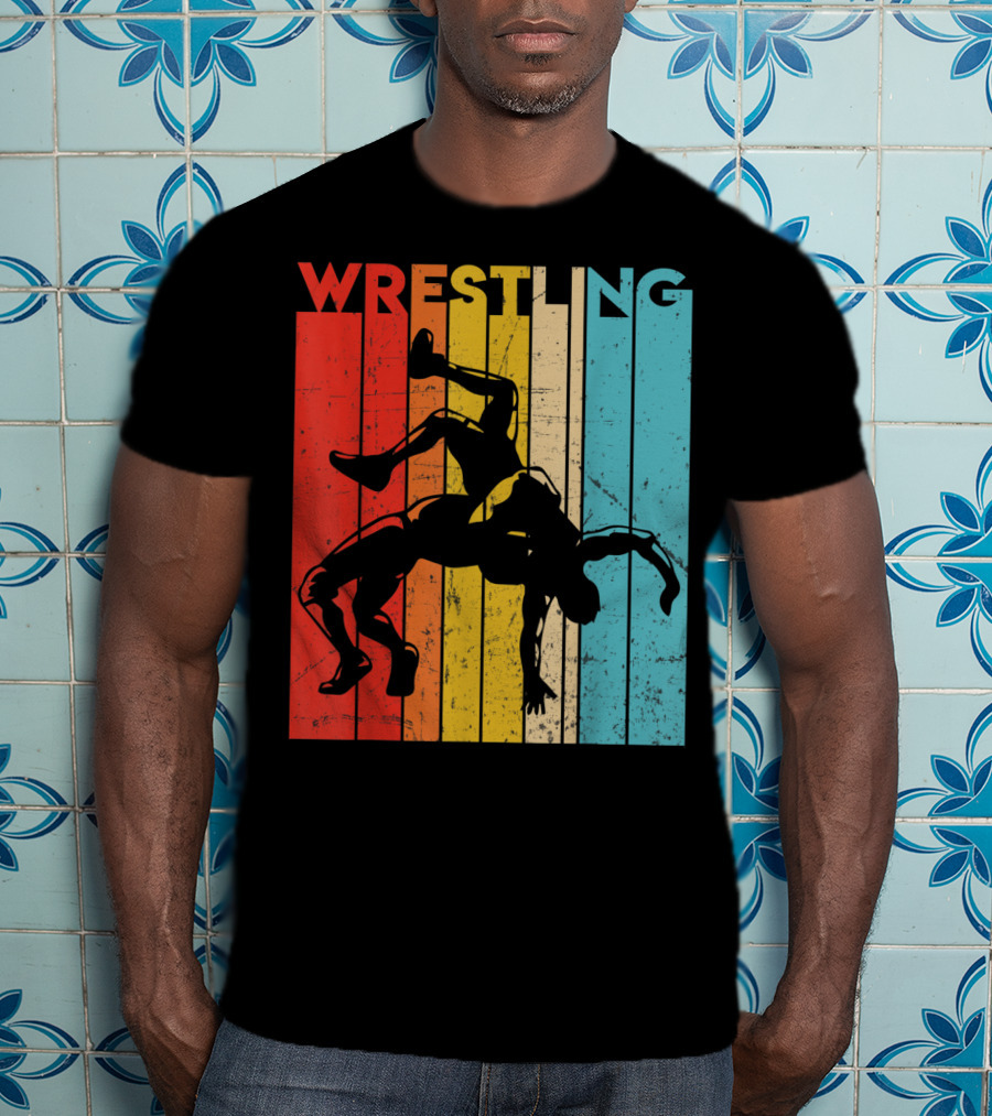 Wrestling Retro Vintage Silhouette Players On Colorful Stripes T-Shirt