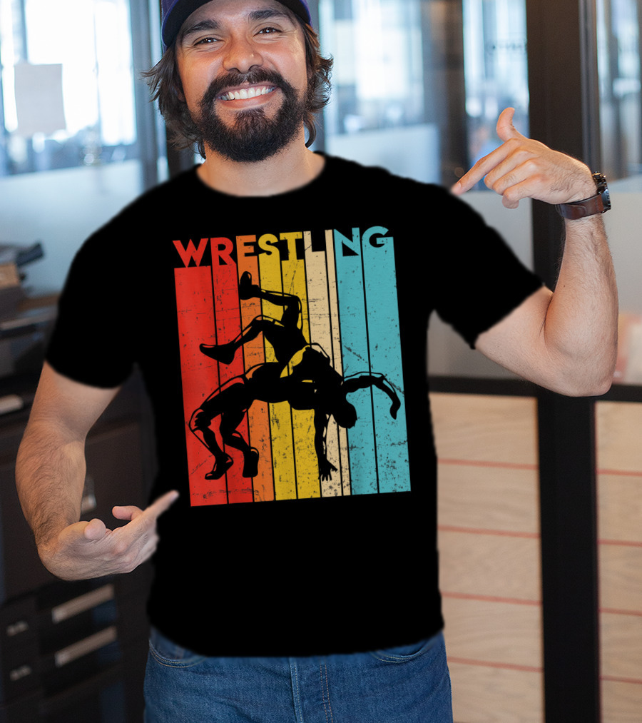 Wrestling Retro Vintage Silhouette Players On Colorful Stripes T-Shirt