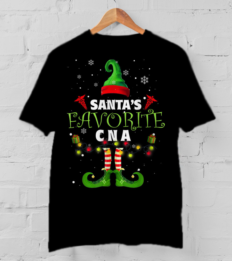 Santa's Favorite CNA Christmas Elf Hat Lights Snowflakes T-Shirt
