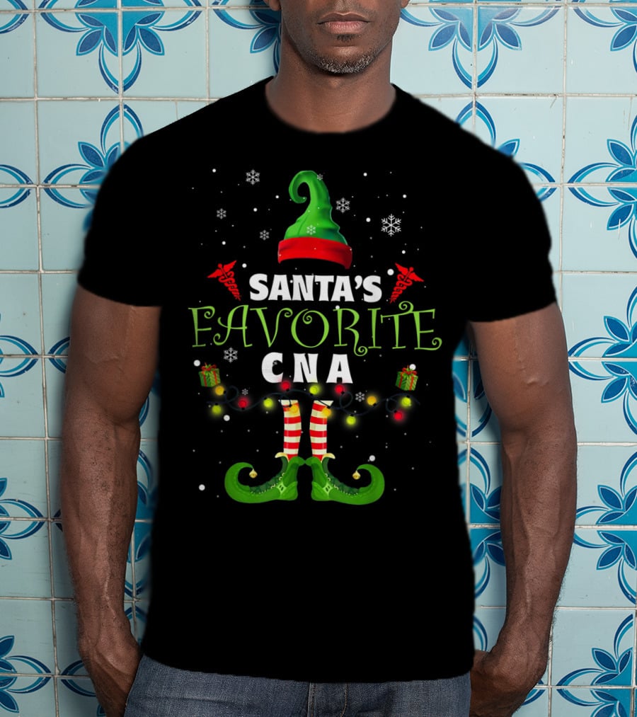 Santa's Favorite CNA Christmas Elf Hat Lights Snowflakes T-Shirt