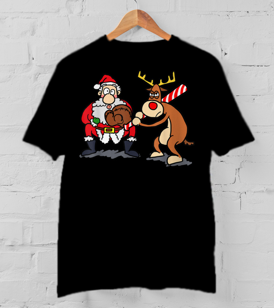 Santa Reindeer Candy Cane Baseball Softball Player Christmas T-Shirt