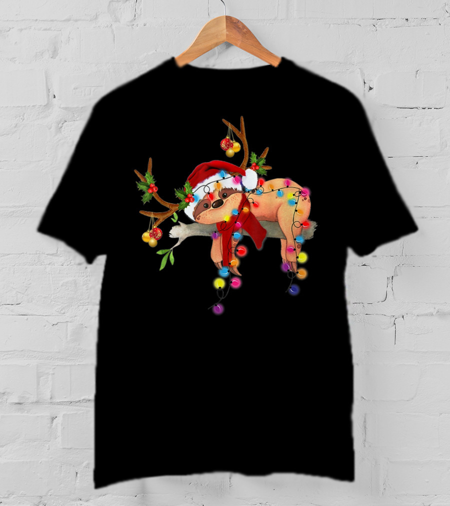 Santa Sloth Reindeer With Christmas Lights And Hat T-Shirt