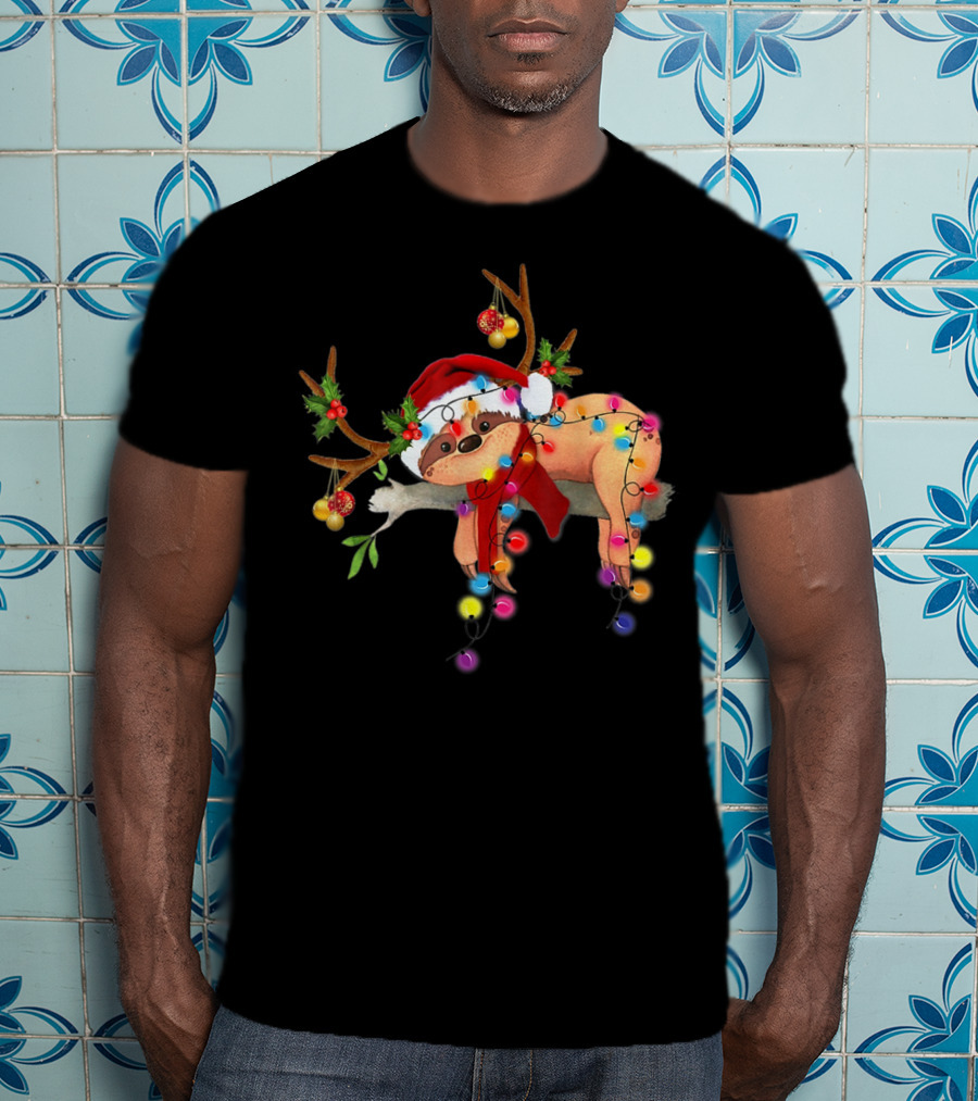Santa Sloth Reindeer With Christmas Lights And Hat T-Shirt
