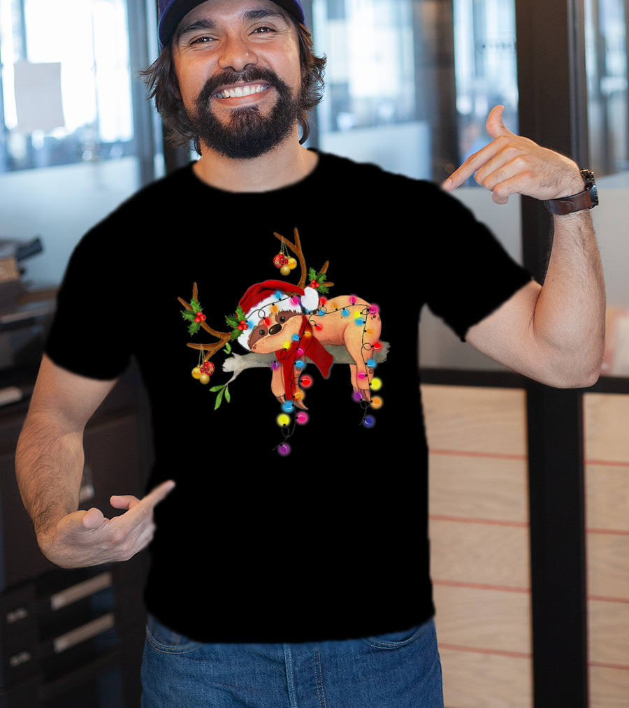 Santa Sloth Reindeer With Christmas Lights And Hat T-Shirt