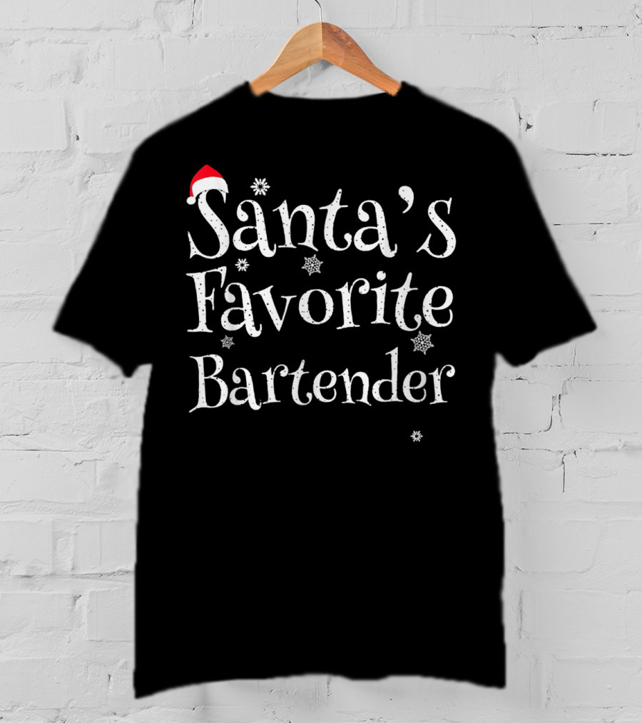 Santa's Favorite Bartender Christmas Profession Hat Snowflakes T-Shirt