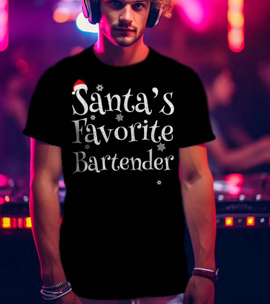 Santa's Favorite Bartender Christmas Profession Hat Snowflakes T-Shirt