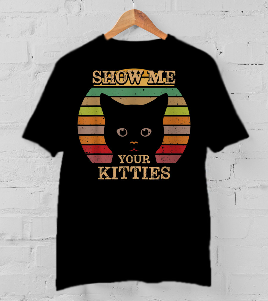 Show Me Your Kitties Retro Cat Lover Rainbow Stripes T-Shirt