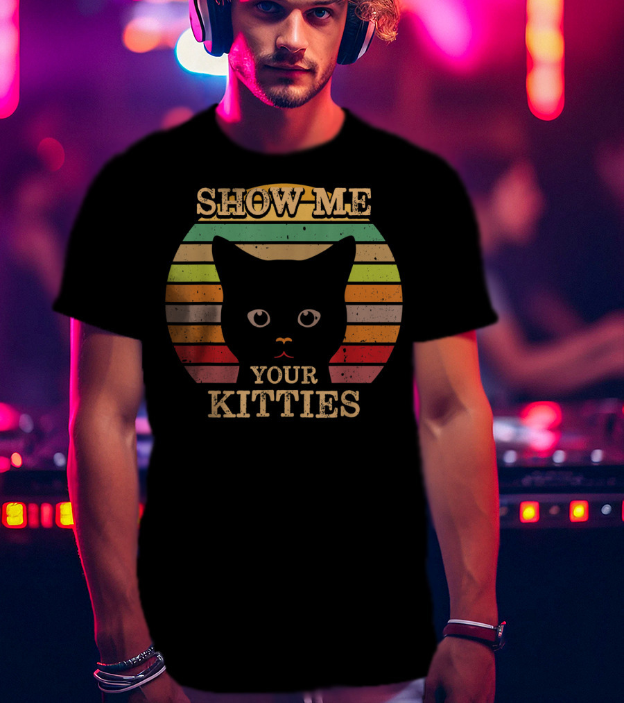 Show Me Your Kitties Retro Cat Lover Rainbow Stripes T-Shirt