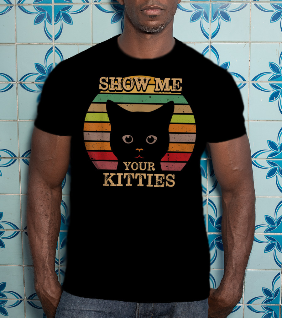 Show Me Your Kitties Retro Cat Lover Rainbow Stripes T-Shirt