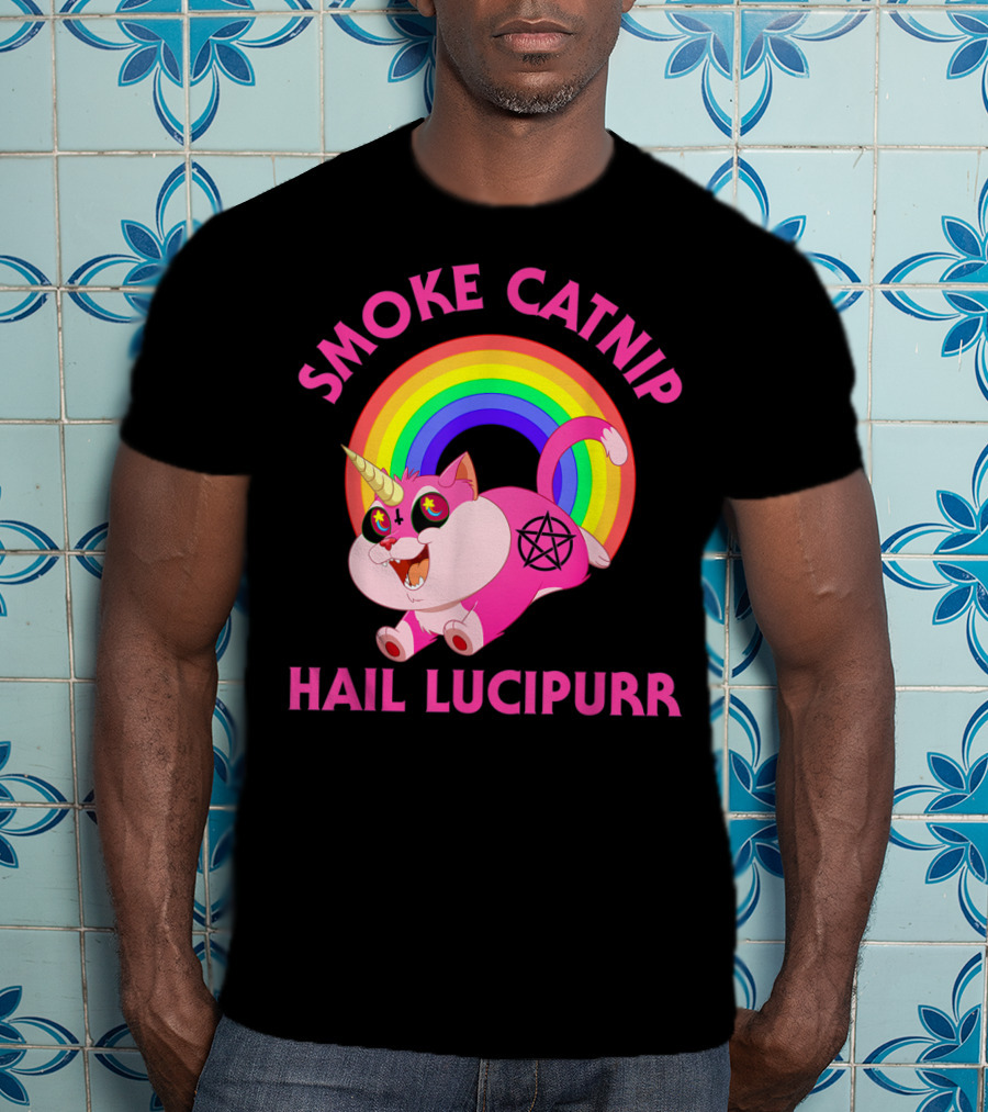 Smoke Catnip Hail Lucipurr Rainbow Unicorn Satanic Cat T-Shirt