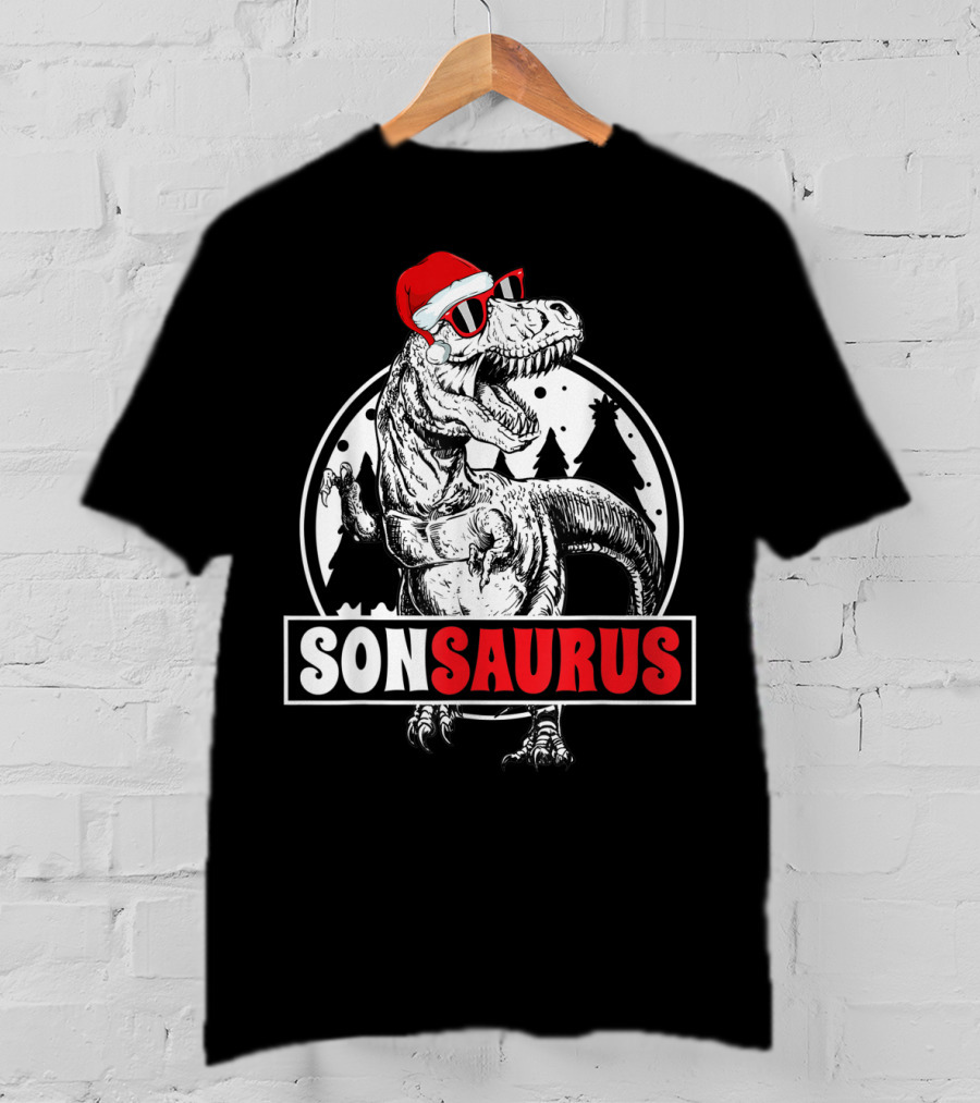 Sonsaurus Christmas Rex T-Rex Dinosaur Holiday Santa Hat T-Shirt