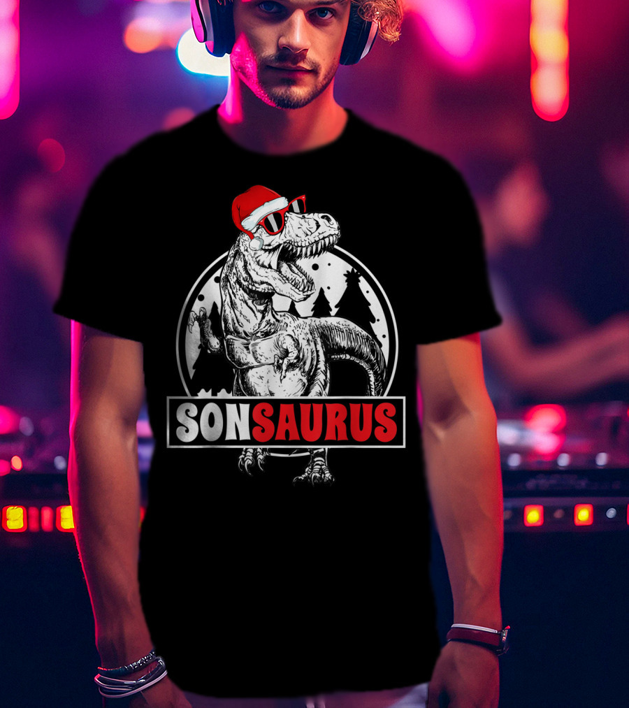 Sonsaurus Christmas Rex T-Rex Dinosaur Holiday Santa Hat T-Shirt