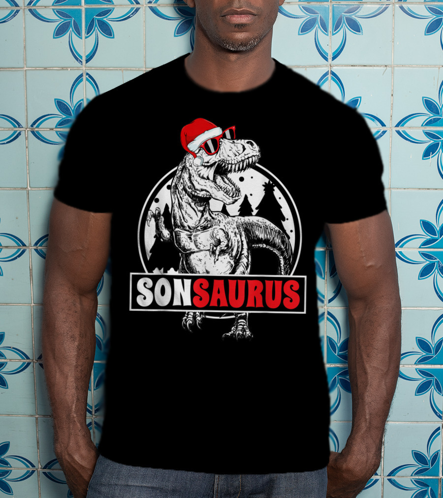 Sonsaurus Christmas Rex T-Rex Dinosaur Holiday Santa Hat T-Shirt