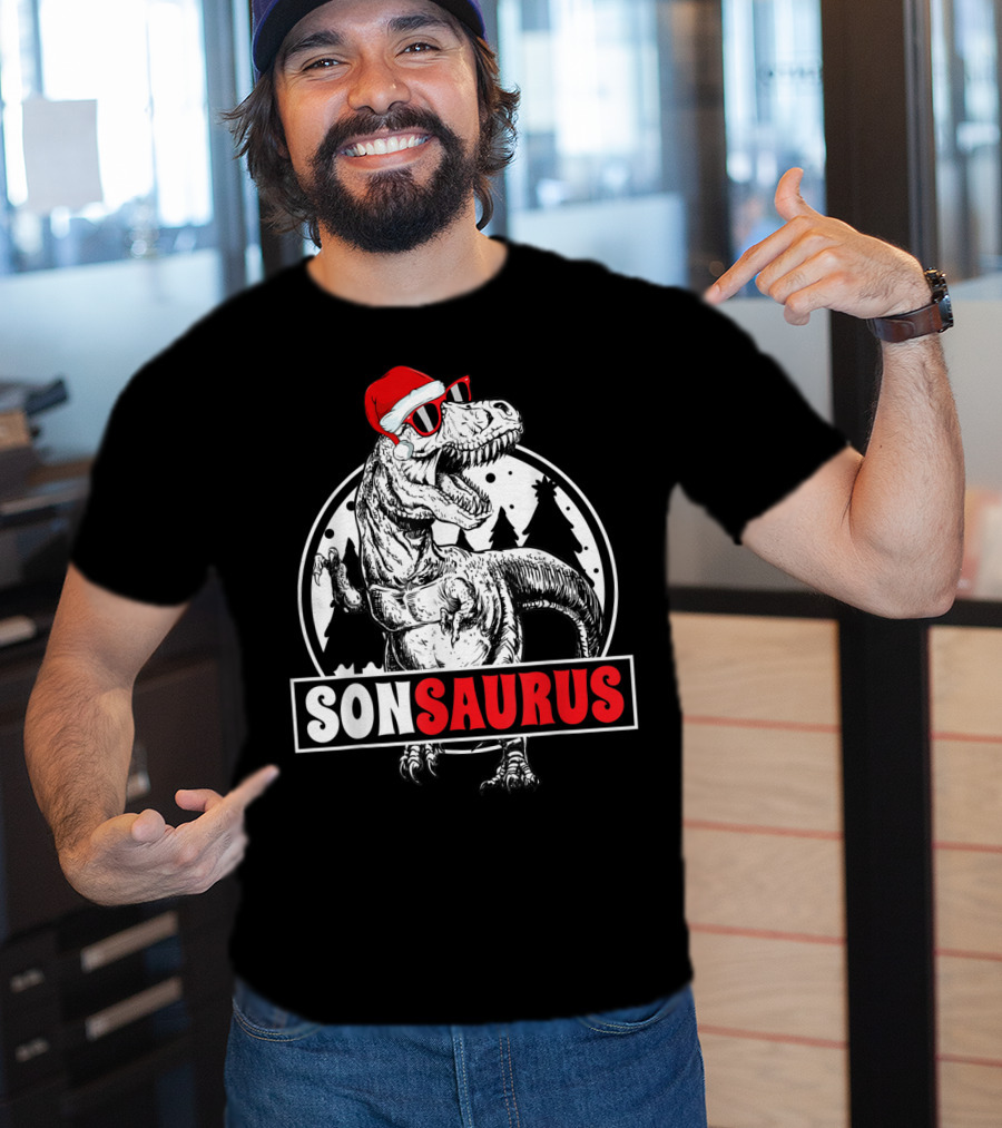 Sonsaurus Christmas Rex T-Rex Dinosaur Holiday Santa Hat T-Shirt