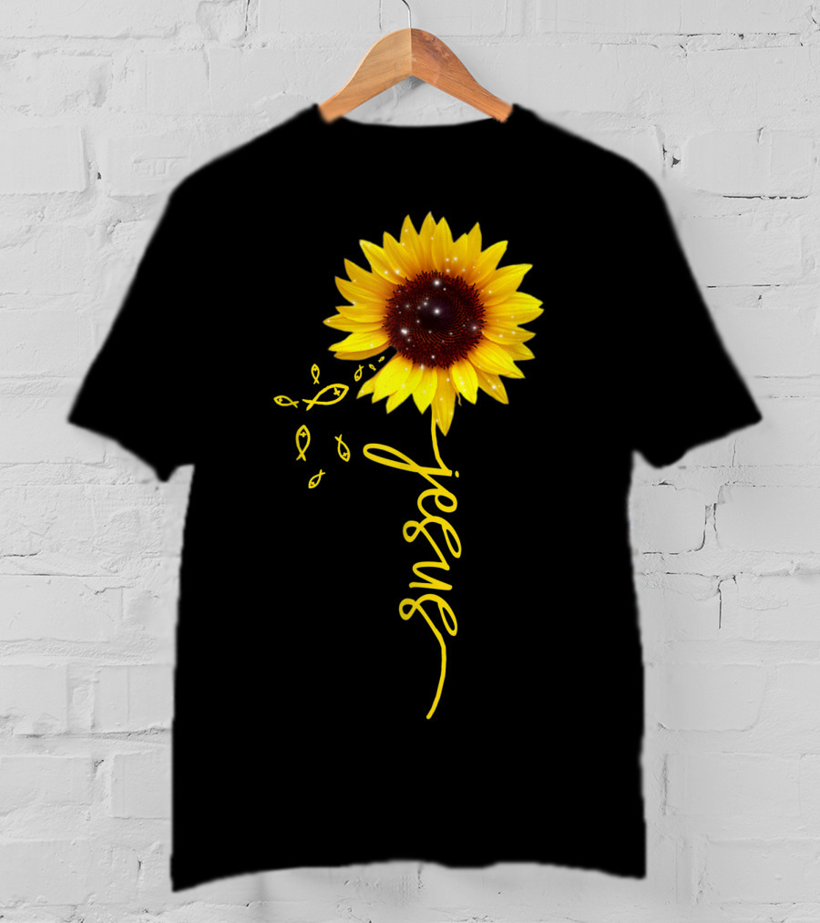 Sunflower Jesus Christian Faith Cross With Ichthys Symbols T-Shirt