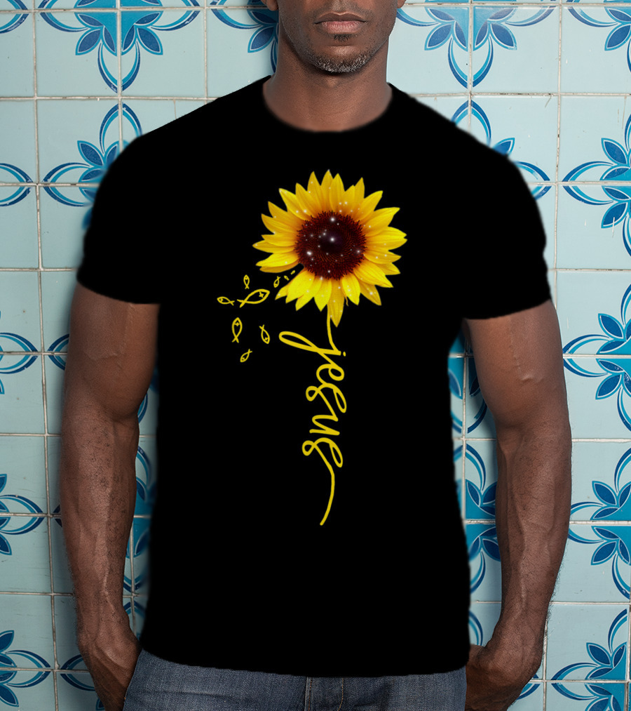 Sunflower Jesus Christian Faith Cross With Ichthys Symbols T-Shirt
