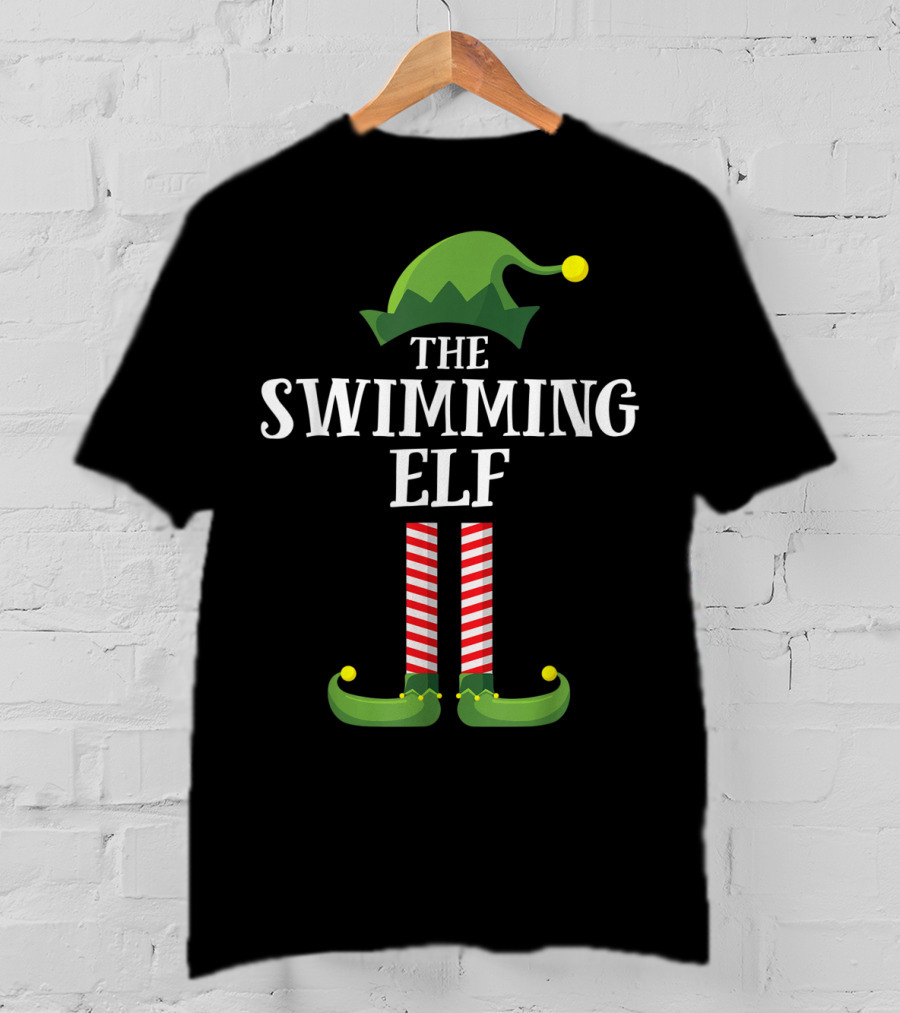 The Swimming Elf Matching Family Group Christmas Hat And Striped Stockings T-Shirt