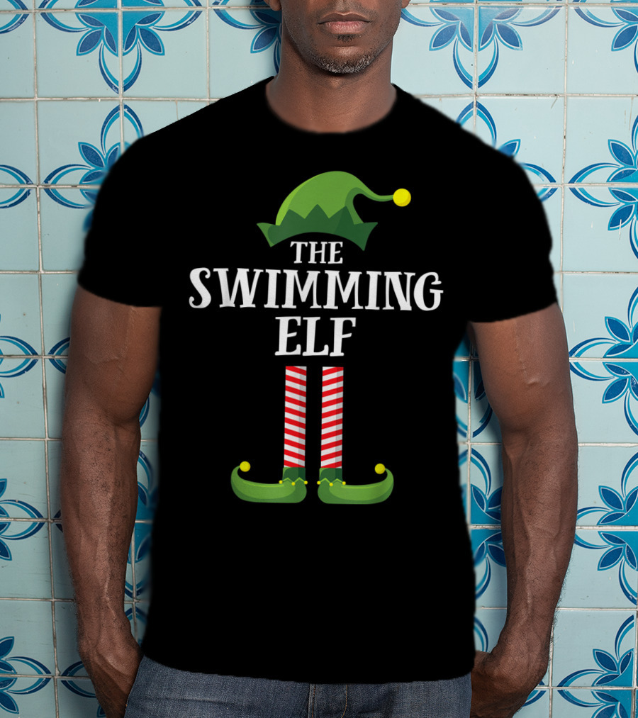 The Swimming Elf Matching Family Group Christmas Hat And Striped Stockings T-Shirt