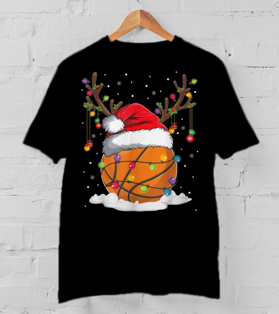 This Is My Christmas Basketball Player Santa Hat Reindeer Antlers Lights T-Shirt
