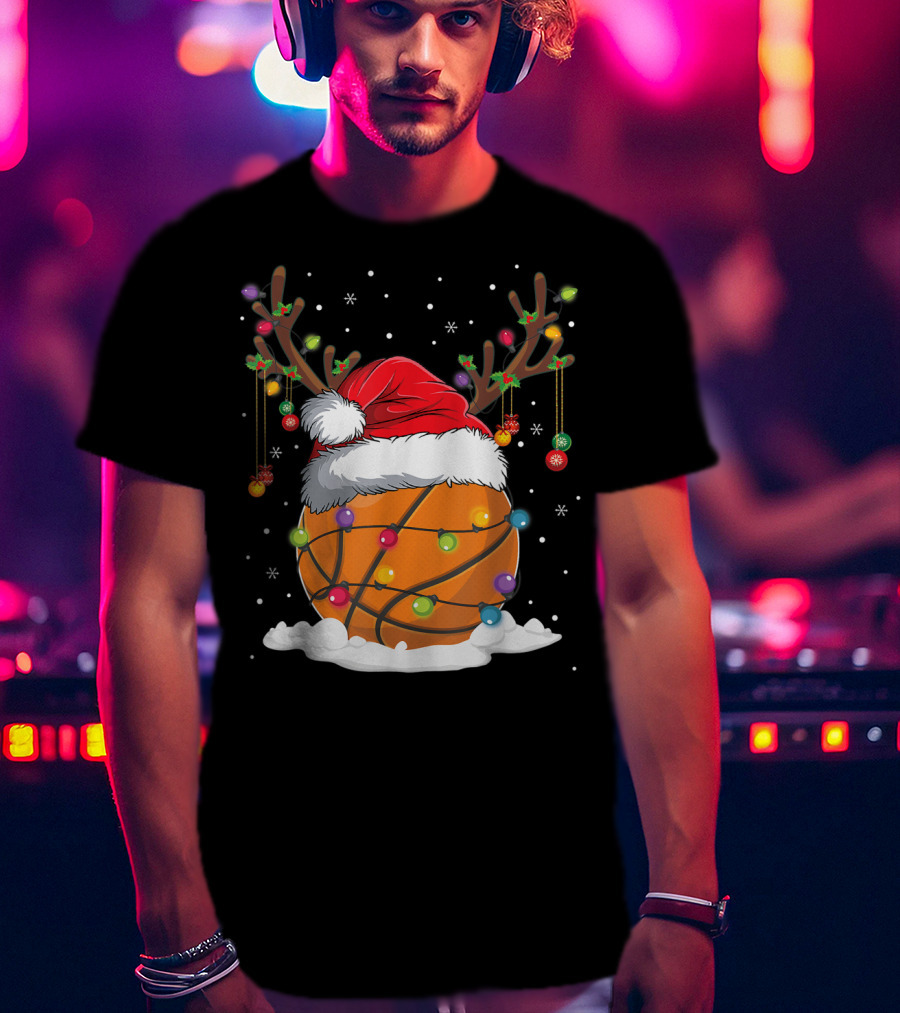 This Is My Christmas Basketball Player Santa Hat Reindeer Antlers Lights T-Shirt