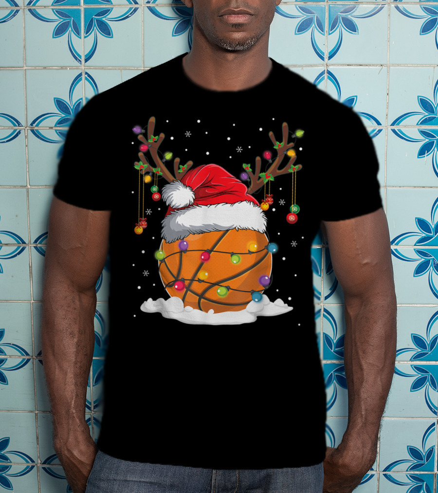 This Is My Christmas Basketball Player Santa Hat Reindeer Antlers Lights T-Shirt