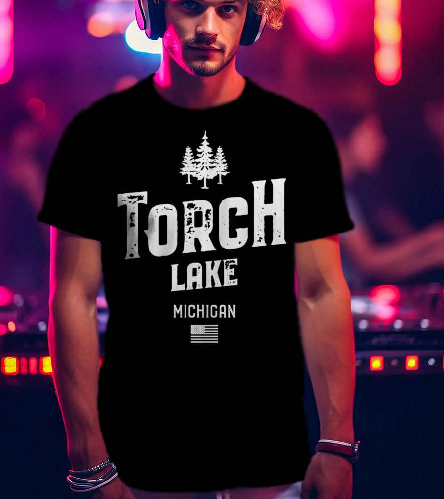 Torch Lake Michigan Trees And American Flag T-Shirt