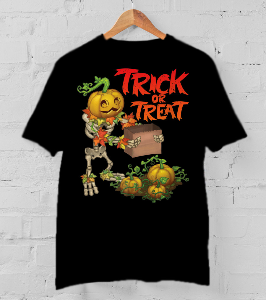 Trick Or Treat Punkleton Skeleton With Pumpkins And Candy Box T-Shirt