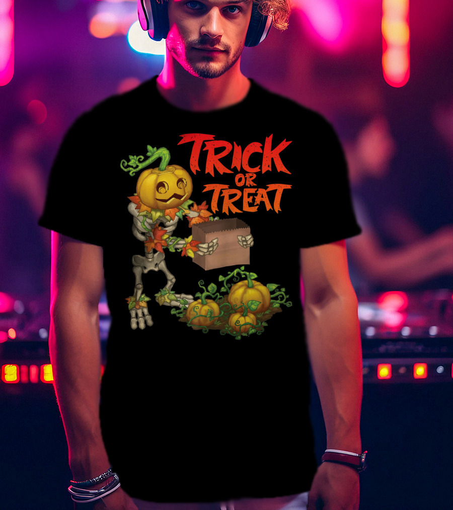 Trick Or Treat Punkleton Skeleton With Pumpkins And Candy Box T-Shirt