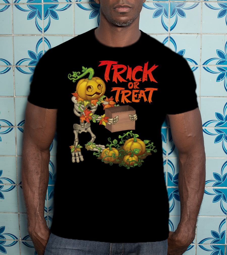 Trick Or Treat Punkleton Skeleton With Pumpkins And Candy Box T-Shirt
