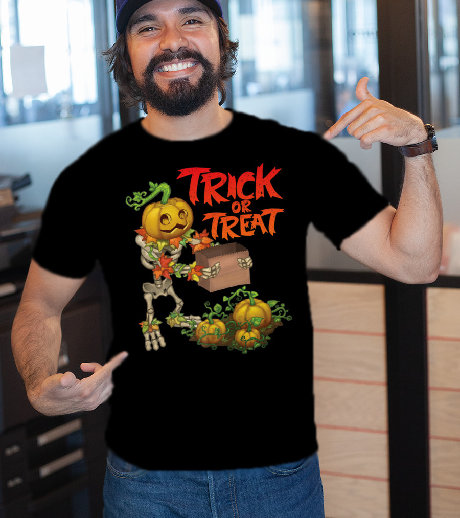 Trick Or Treat Punkleton Skeleton With Pumpkins And Candy Box T-Shirt