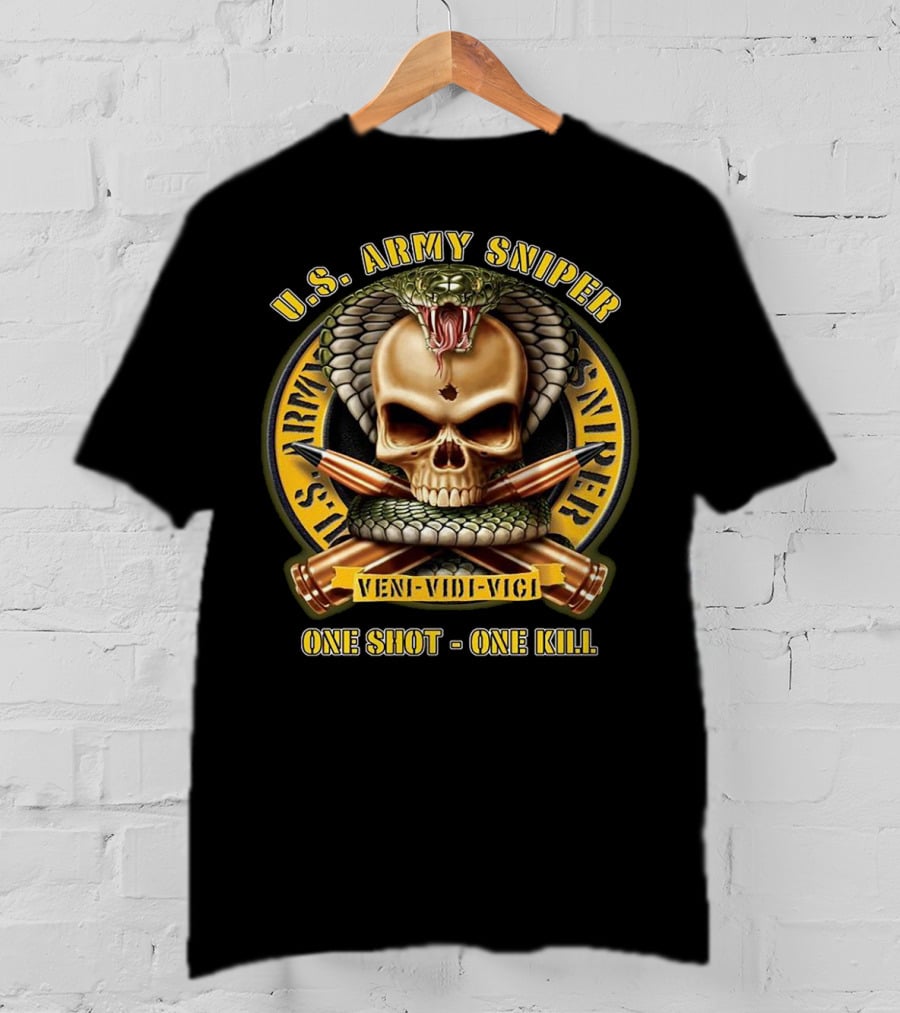 U.S. Army Sniper Veni Vidi Vici One Shot One Kill Skull Snake Badge T-Shirt