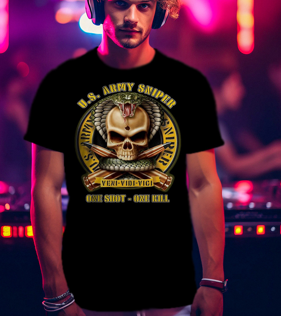 U.S. Army Sniper Veni Vidi Vici One Shot One Kill Skull Snake Badge T-Shirt