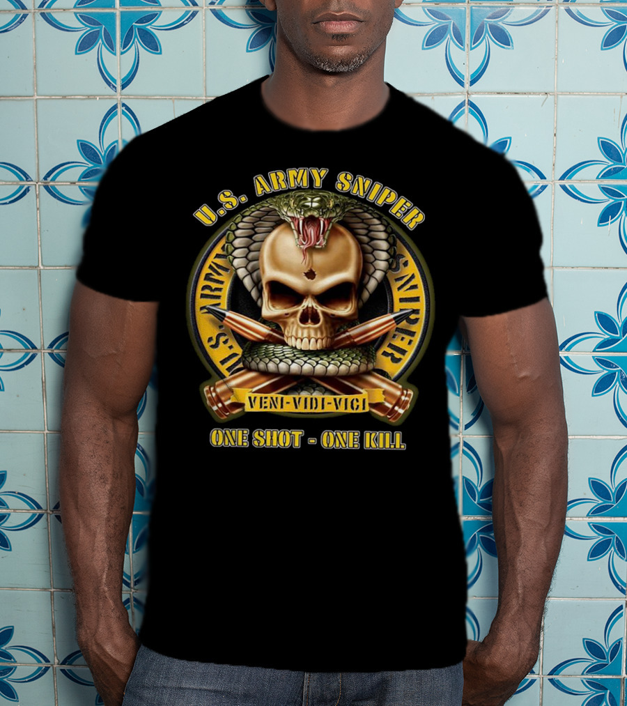 U.S. Army Sniper Veni Vidi Vici One Shot One Kill Skull Snake Badge T-Shirt