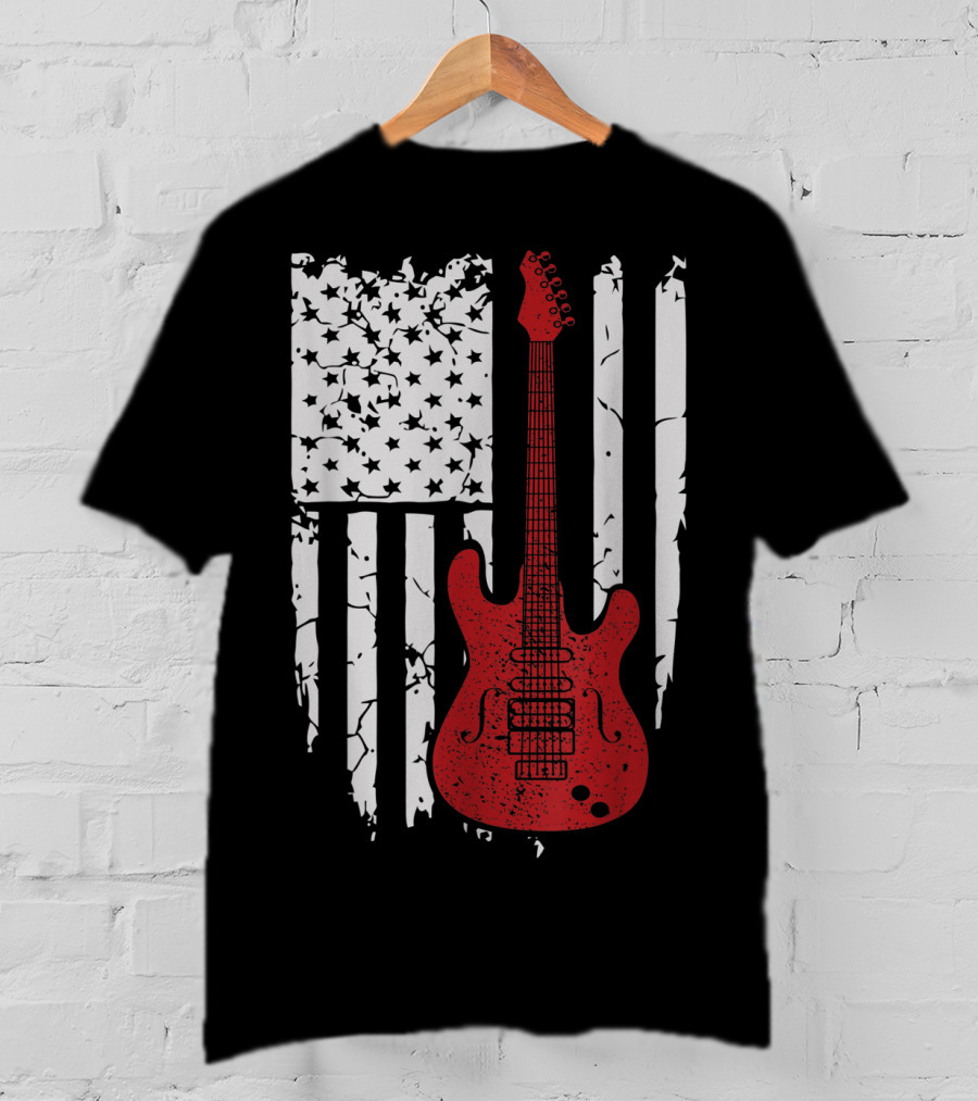 Usa American Flag Guitar Musician Guitars Red Electric Vintage Grunge T-Shirt