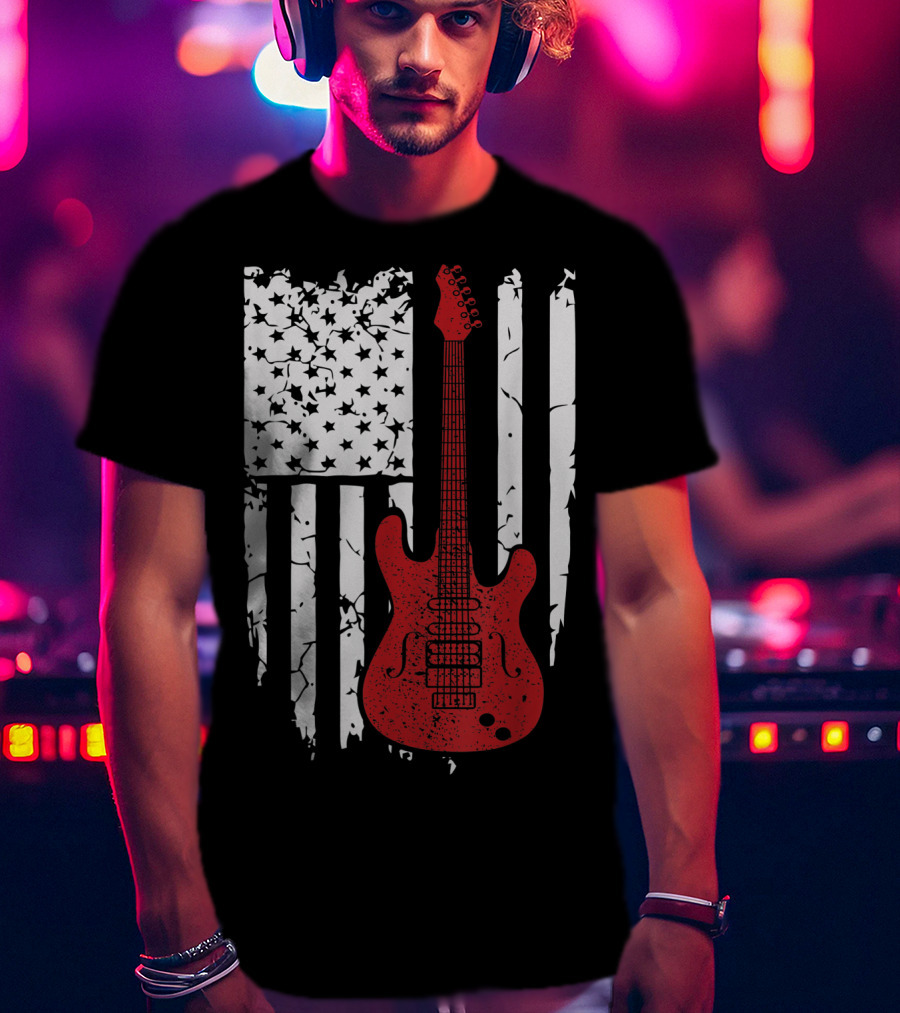 Usa American Flag Guitar Musician Guitars Red Electric Vintage Grunge T-Shirt