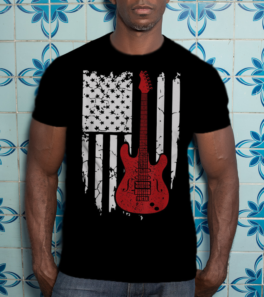 Usa American Flag Guitar Musician Guitars Red Electric Vintage Grunge T-Shirt