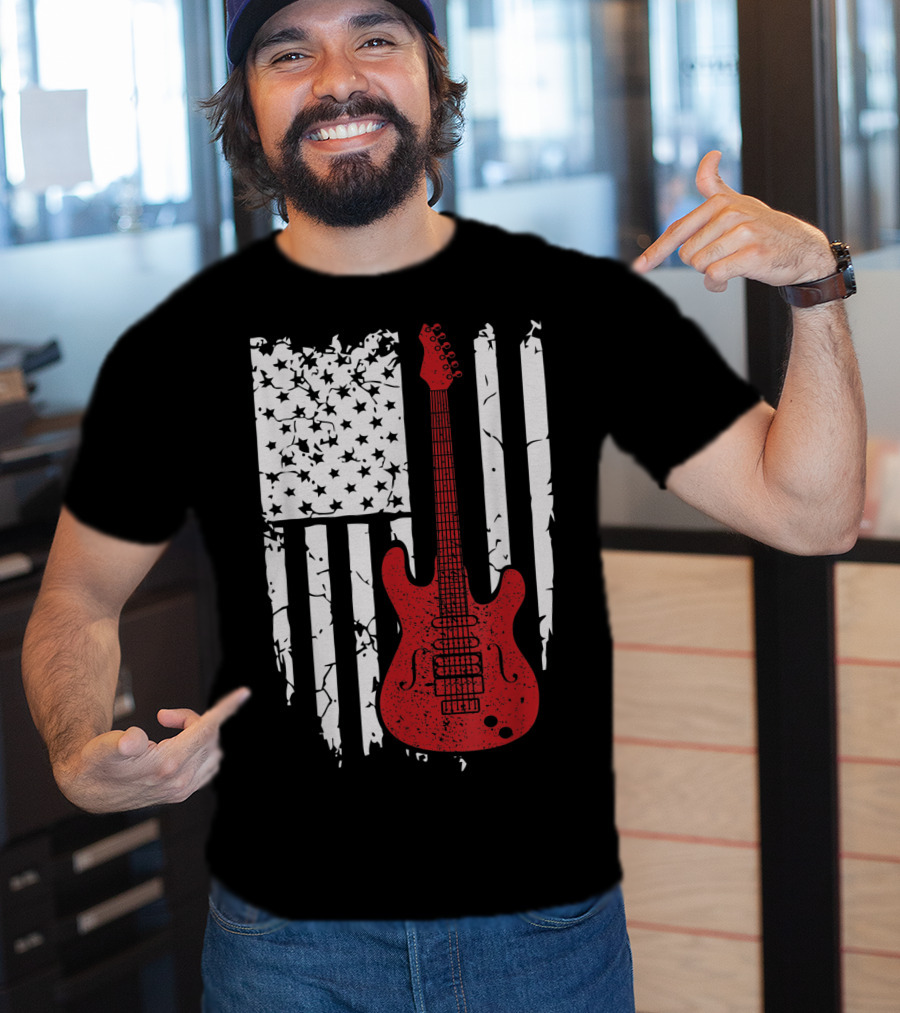 Usa American Flag Guitar Musician Guitars Red Electric Vintage Grunge T-Shirt