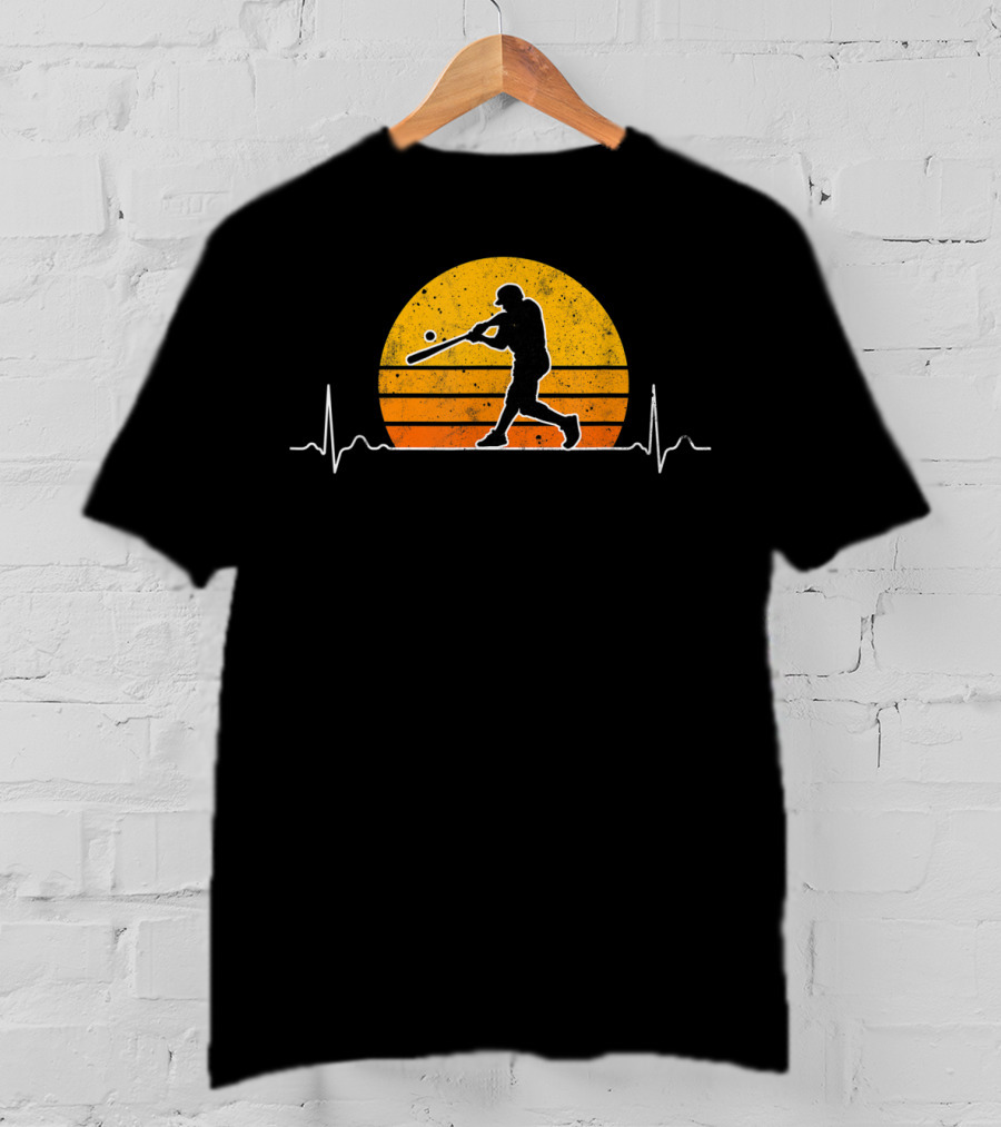 Vintage Baseball Player Heartbeat Sunset Scene T-Shirt