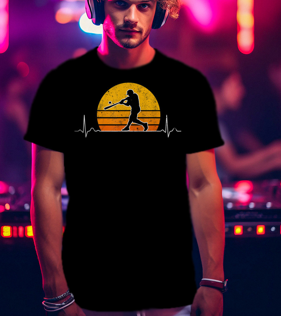 Vintage Baseball Player Heartbeat Sunset Scene T-Shirt