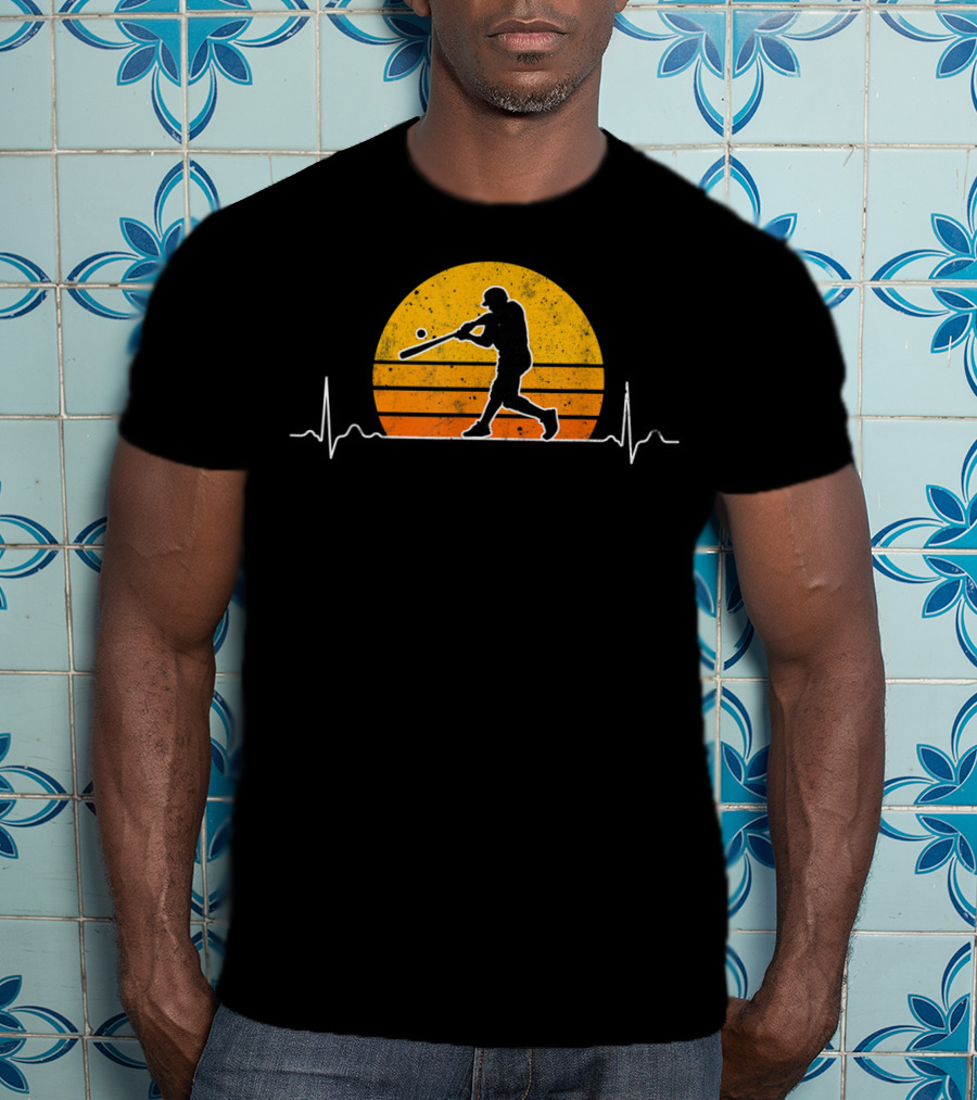 Vintage Baseball Player Heartbeat Sunset Scene T-Shirt