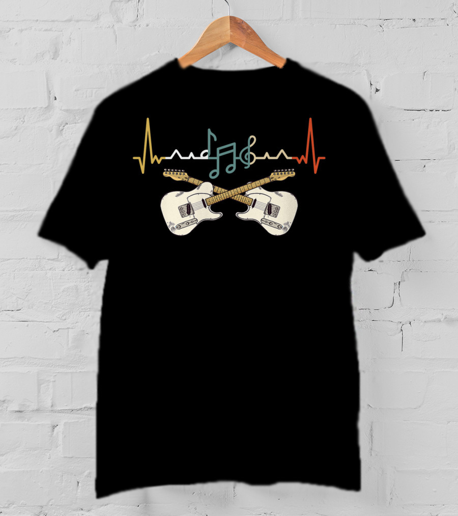 Vintage Guitar Heartbeat Musical Notes Electric Guitarist T-Shirt